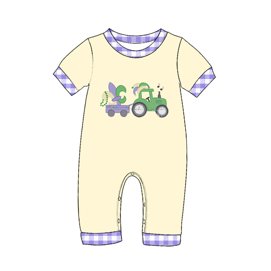 Preorder (moq 5) Baby Boy Clothes Mardi Gras Tractor Embroidery Print Short Sleeve Gingham Trim Romper