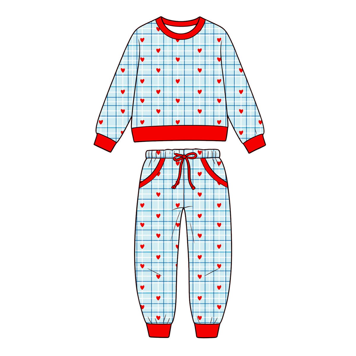 Preorder (moq 5) Baby Boy Clothes Valentine Heart Grid Allover Print Long Sleeve Jogger Pant Set