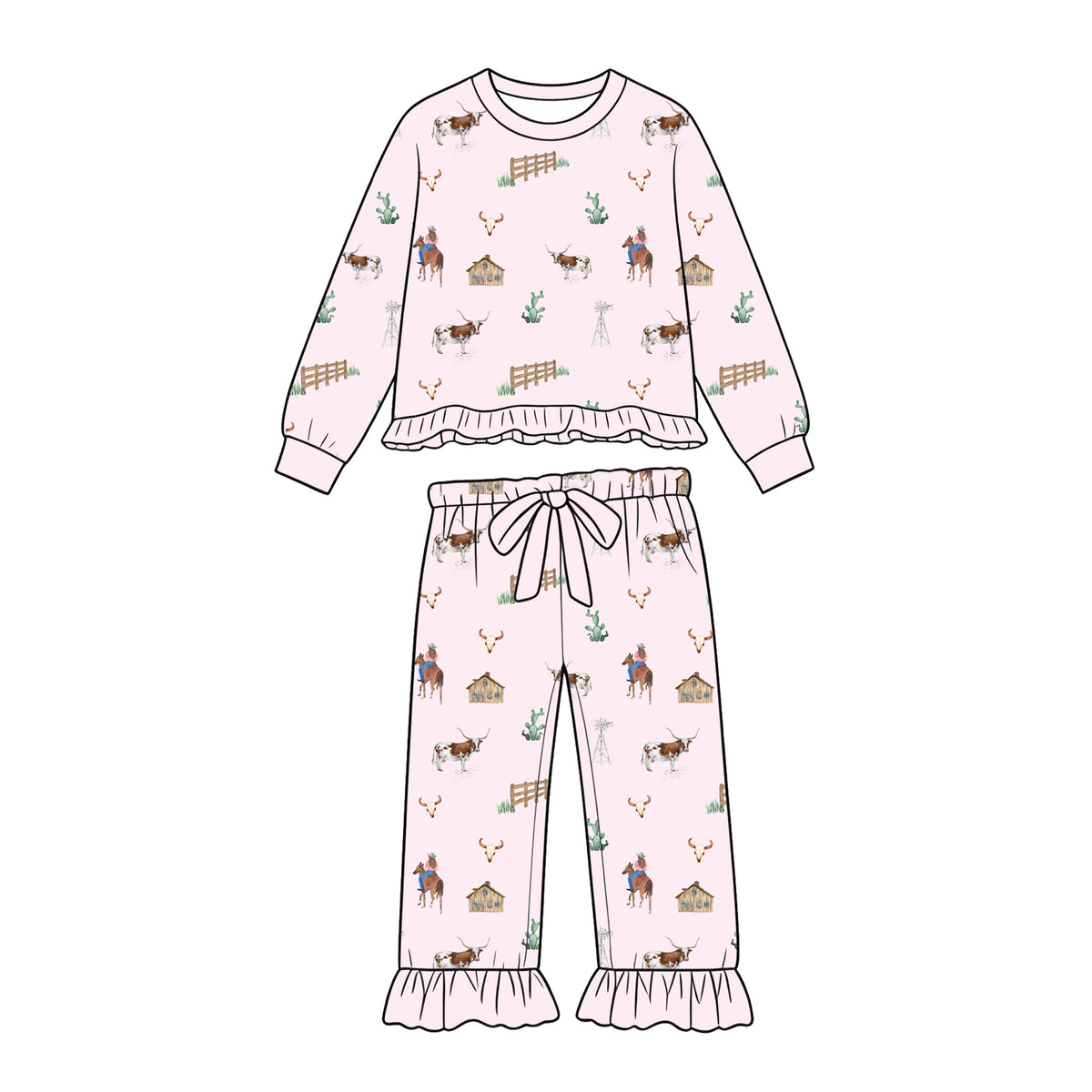 Preorder (moq 5) Baby Girl Clothes Western Cowboy Longhorn Allover Print Long Sleeve Ruffle Flare Pant Set