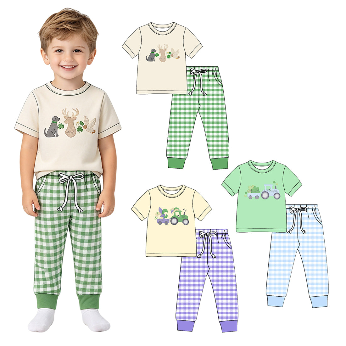 Preorder (moq 5) Baby Boy Clothes St Patrick Tractor Clover Embroidery Print Short Sleeve Plaid Jogger Pant Set