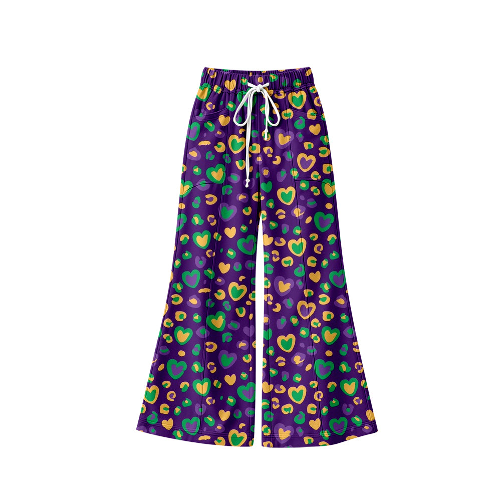 Preorder (moq 5) Baby Girl Clothes Mardi Gras Leopard Heart Allover Print Long Sleeve Flare Wide Leg Pants