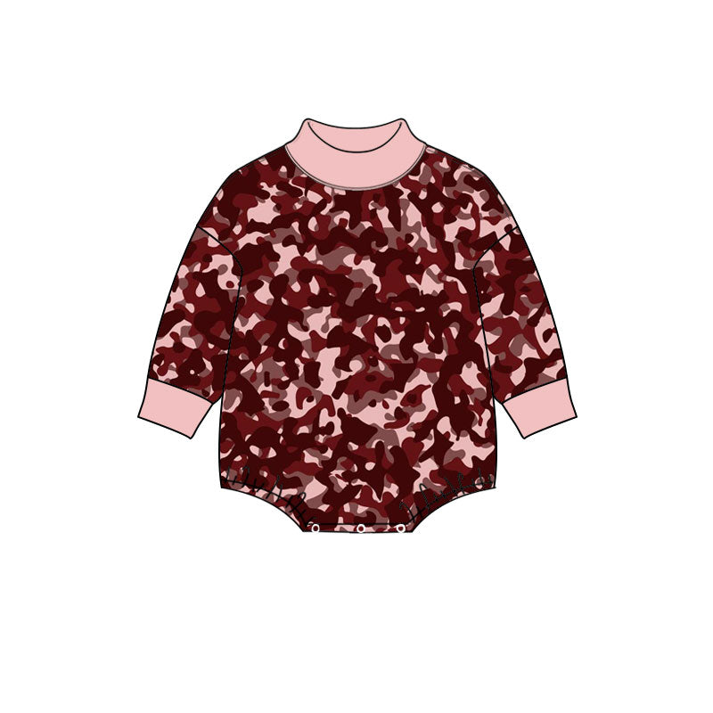Preorder (moq 5) Baby Boy Clothes Pink Burgundy Camo Print Long Sleeve Turtleneck Bubble Romper