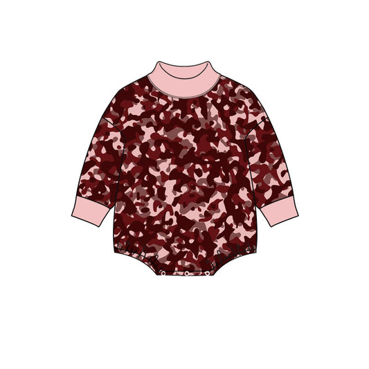 Preorder (moq 5) Baby Boy Clothes Pink Burgundy Camo Print Long Sleeve Turtleneck Bubble Romper