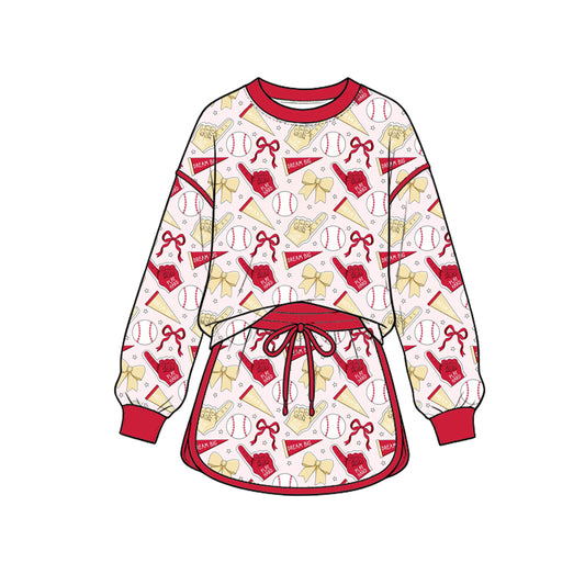 Preorder (moq 5) Baby Girl Clothes Baseball Bow Mixed Print Long Sleeve Skort Outfit
