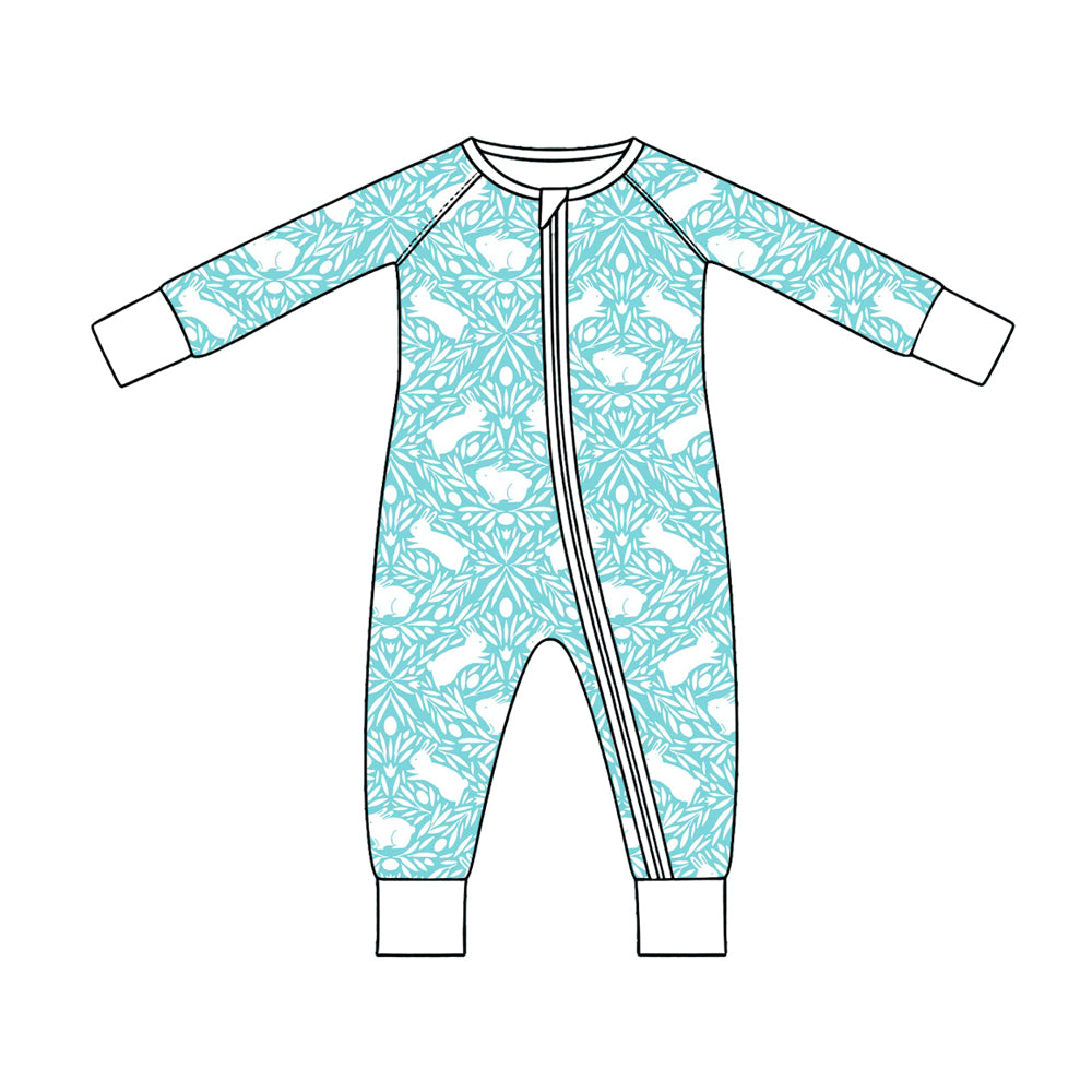 Preorder (moq 5) Baby Boy Clothes Easter Bunny Floral Silhouette Print Long Sleeve Zipper Romper