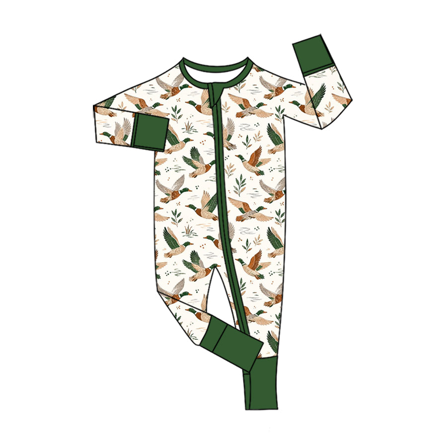 Preorder (moq 5) Baby Boy Clothes Green Flying Mallard Duck Foliage Print Long Sleeve Zipper Romper Jumpsuit