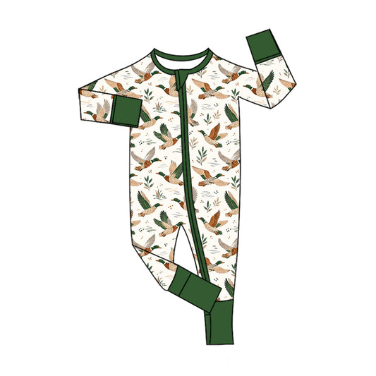 Preorder (moq 5) Baby Boy Clothes Green Flying Mallard Duck Foliage Print Long Sleeve Zipper Romper Jumpsuit