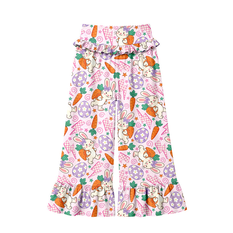 Preorder (moq 5) Women Clothes Easter Bunny Carrot Egg Print Ruffle High Waist Flare Pant