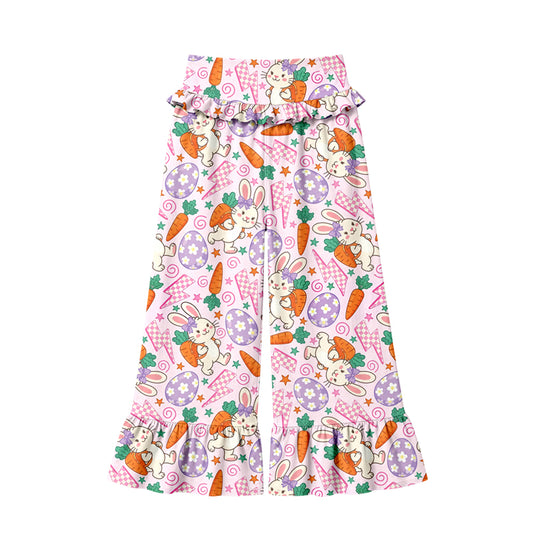 Preorder (moq 5) Women Clothes Easter Bunny Carrot Egg Print Ruffle High Waist Flare Pant