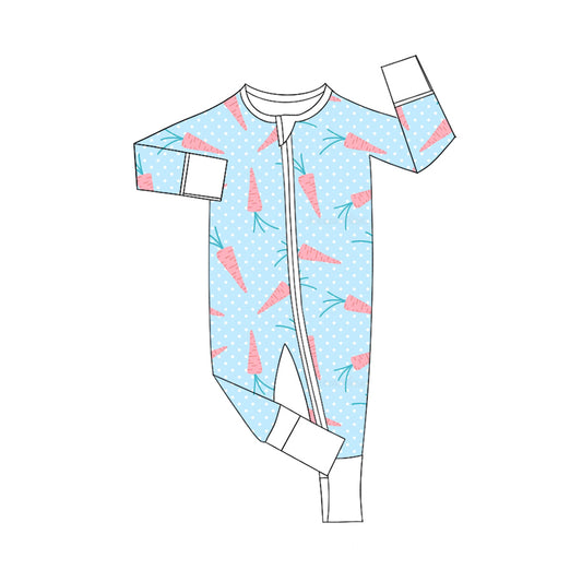 Preorder (moq 5) Baby Girl Clothes Easter Carrot Polka Dot Print Long Sleeve Zipper Romper Jumpsuit