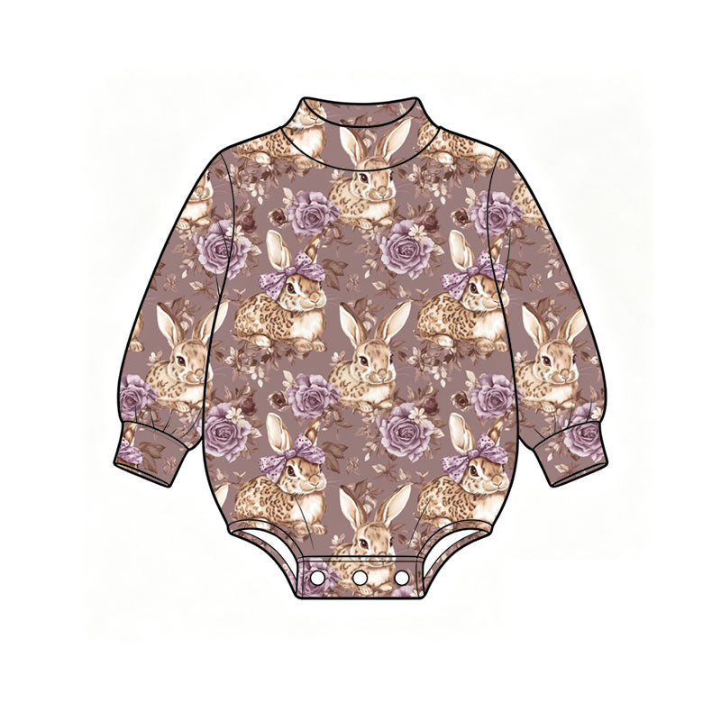 Preorder (moq 5) Baby Girl Clothes Easter Purple Rose Leopard Bunny Print Long Sleeve Baby Romper