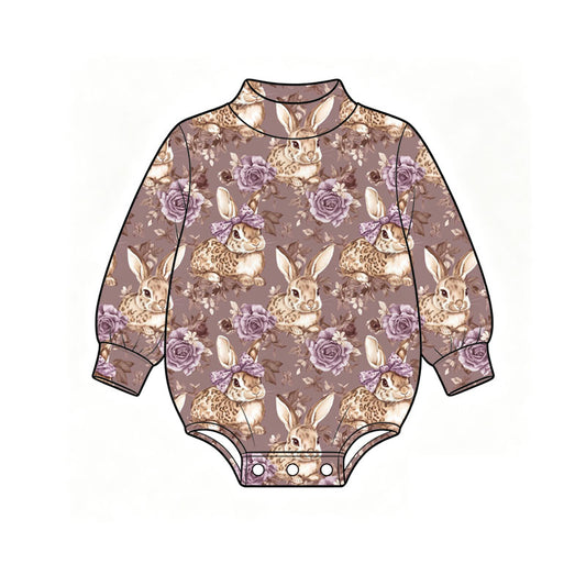 Preorder (moq 5) Baby Girl Clothes Easter Purple Rose Leopard Bunny Print Long Sleeve Baby Romper