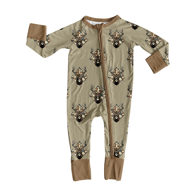 Preorder (moq 5) Baby Boy Clothes Camo Deer Head Diamond Mixed Print Long Sleeve Zipper Romper