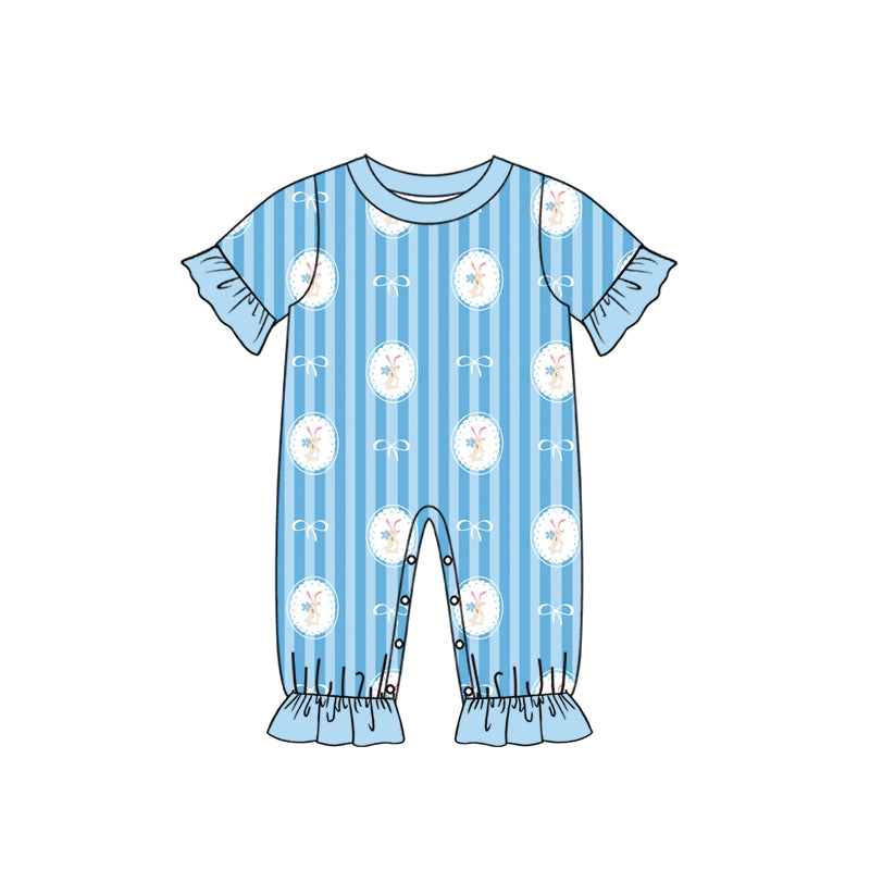 Preorder (moq 5) Baby Girl Clothes Easter Bunny Bow Blue Stripe Print Short Sleeve Ruffle Romper