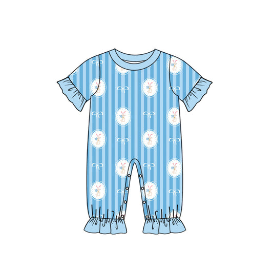 Preorder (moq 5) Baby Girl Clothes Easter Bunny Bow Blue Stripe Print Short Sleeve Ruffle Romper