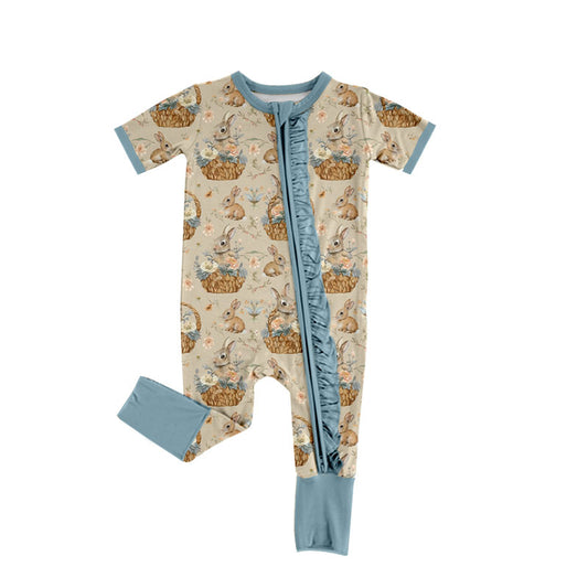 Preorder (moq 5) Baby Girl Clothes Vintage Floral Easter Bunny Basket Print Short Sleeve Zipper Ruffle Romper