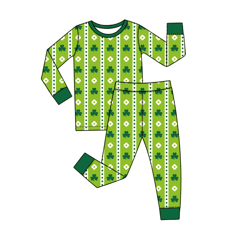 Preorder (moq 5) Baby Girl Clothes St Patricks Day Simple Clover Dot Stripe Print Long Sleeve Pajama Set
