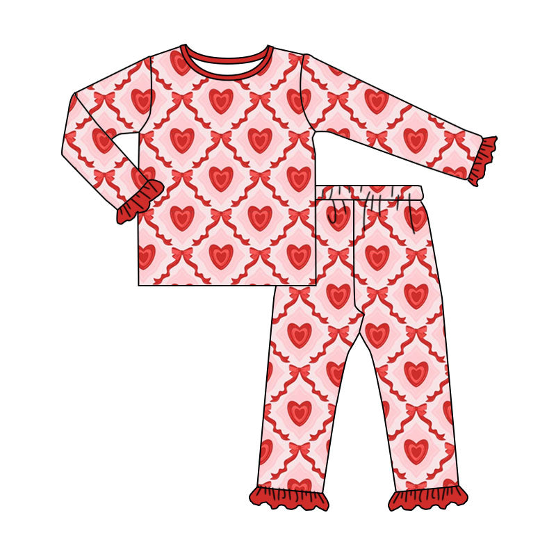 Preorder (moq 5) Baby Girl Clothes Diamond Heart Bow Allover Print Long Sleeve Ruffle Cuff Pajama Set