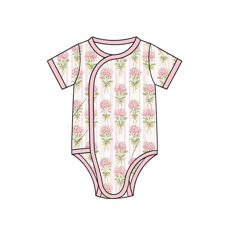 Preorder (moq 5) Baby Girl Clothes Pink Peony Bow Stripe Mixed Print Short Sleeve Side Snap Bodysuit