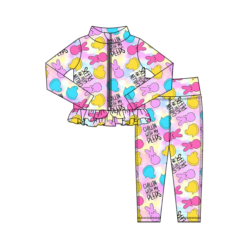 Preorder (moq 5) Baby Girl Clothes Easter Peeps Tie Dye Letter Print Long Sleeve Zipper Ruffle Rash Guard Set