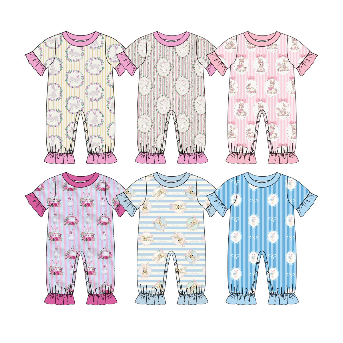 Preorder (moq 5) Baby Girl Clothes Easter Bunny Floral Circle Stripe Print Short Sleeve Ruffle Romper