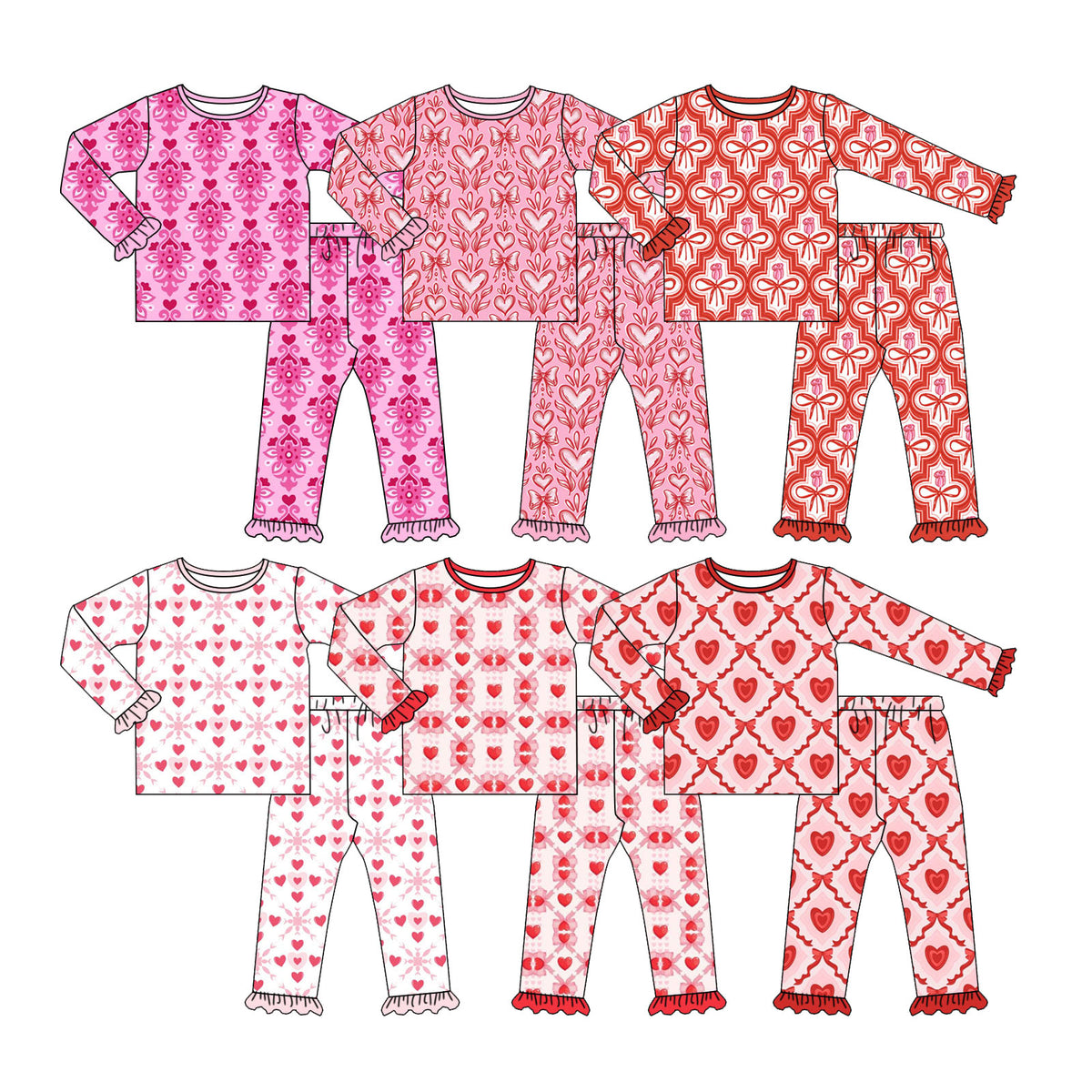 Preorder (moq 5) Baby Girl Clothes Vintage Heart Bow Damask Mixed Print Long Sleeve Ruffle Cuff Pajama Set