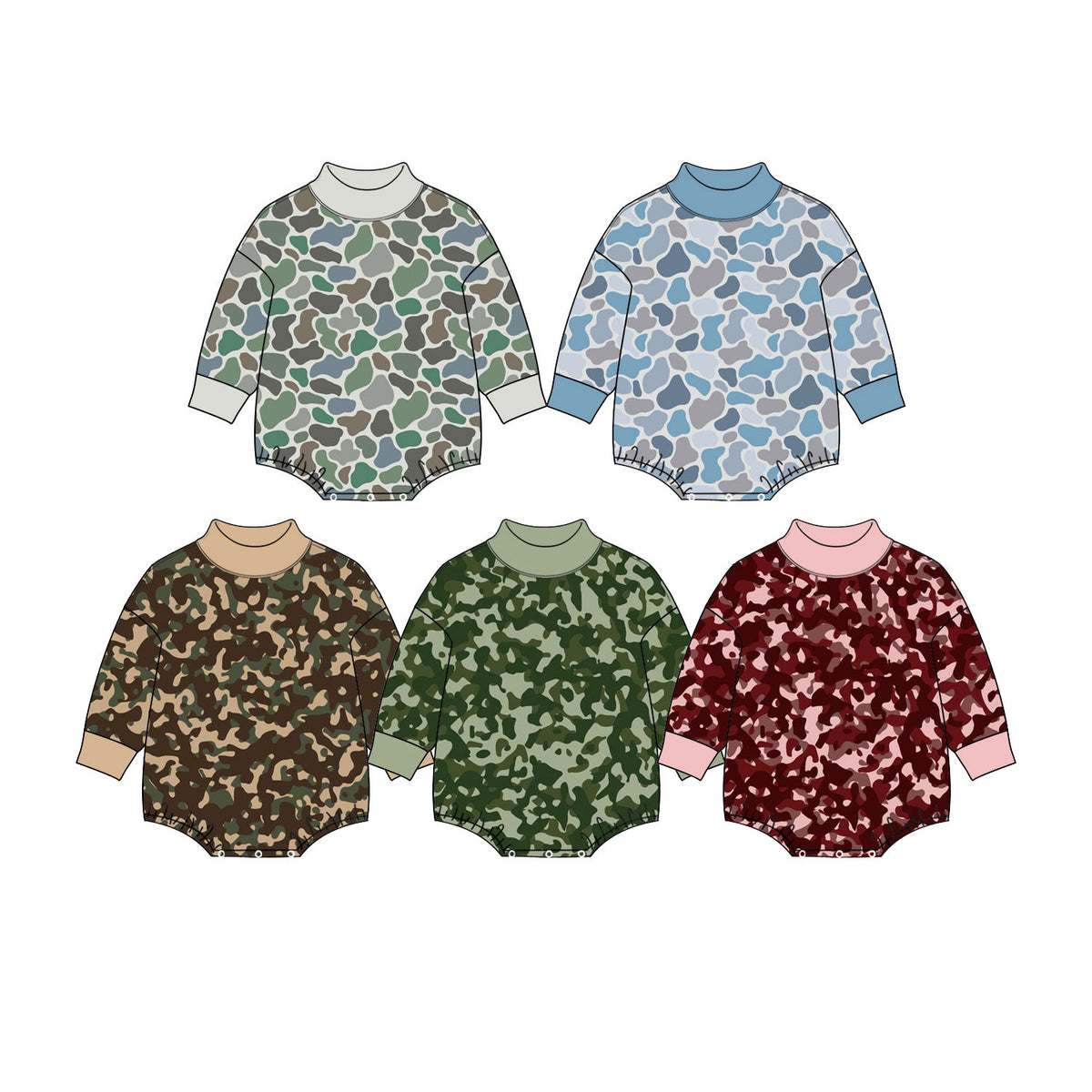 Preorder (moq 5) Baby Boy Clothes Sage Green Camo Print Long Sleeve Turtleneck Bubble Romper