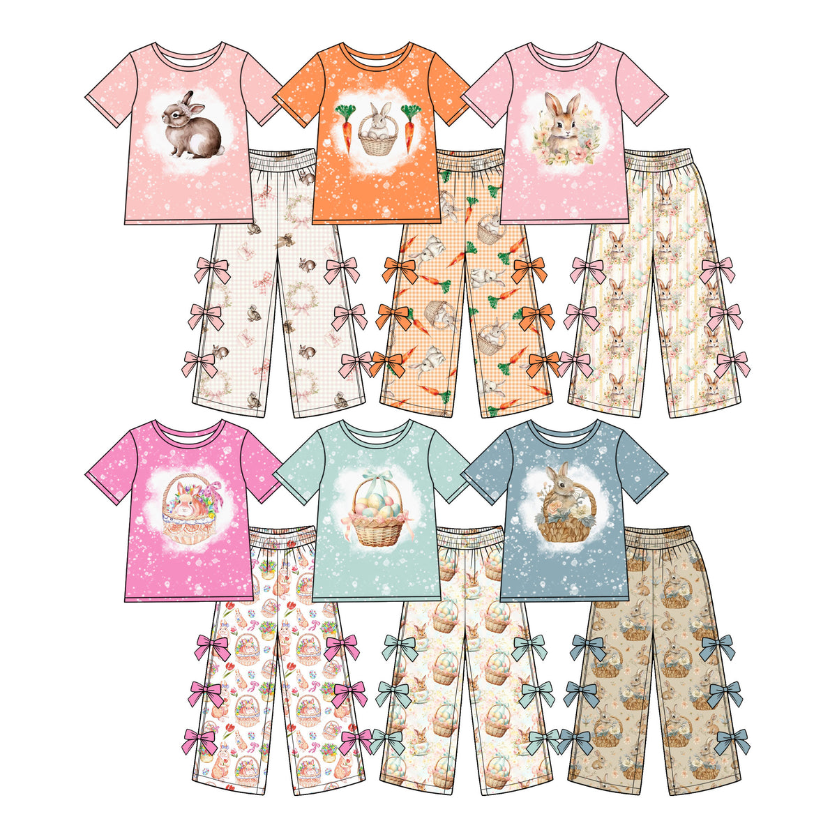 Preorder (moq 5) Baby Girl Clothes Floral Easter Bunny Stripe Mixed Print Short Sleeve Bow Wide Leg Pant Set