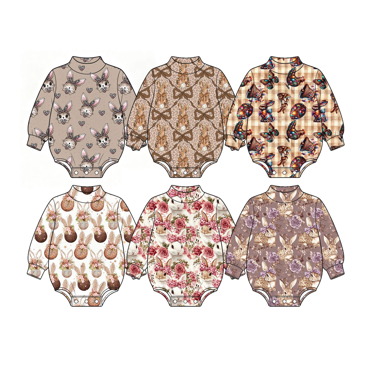 Preorder (moq 5) Baby Girl Clothes Easter Rose Floral White Bunny Print Long Sleeve Baby Romper