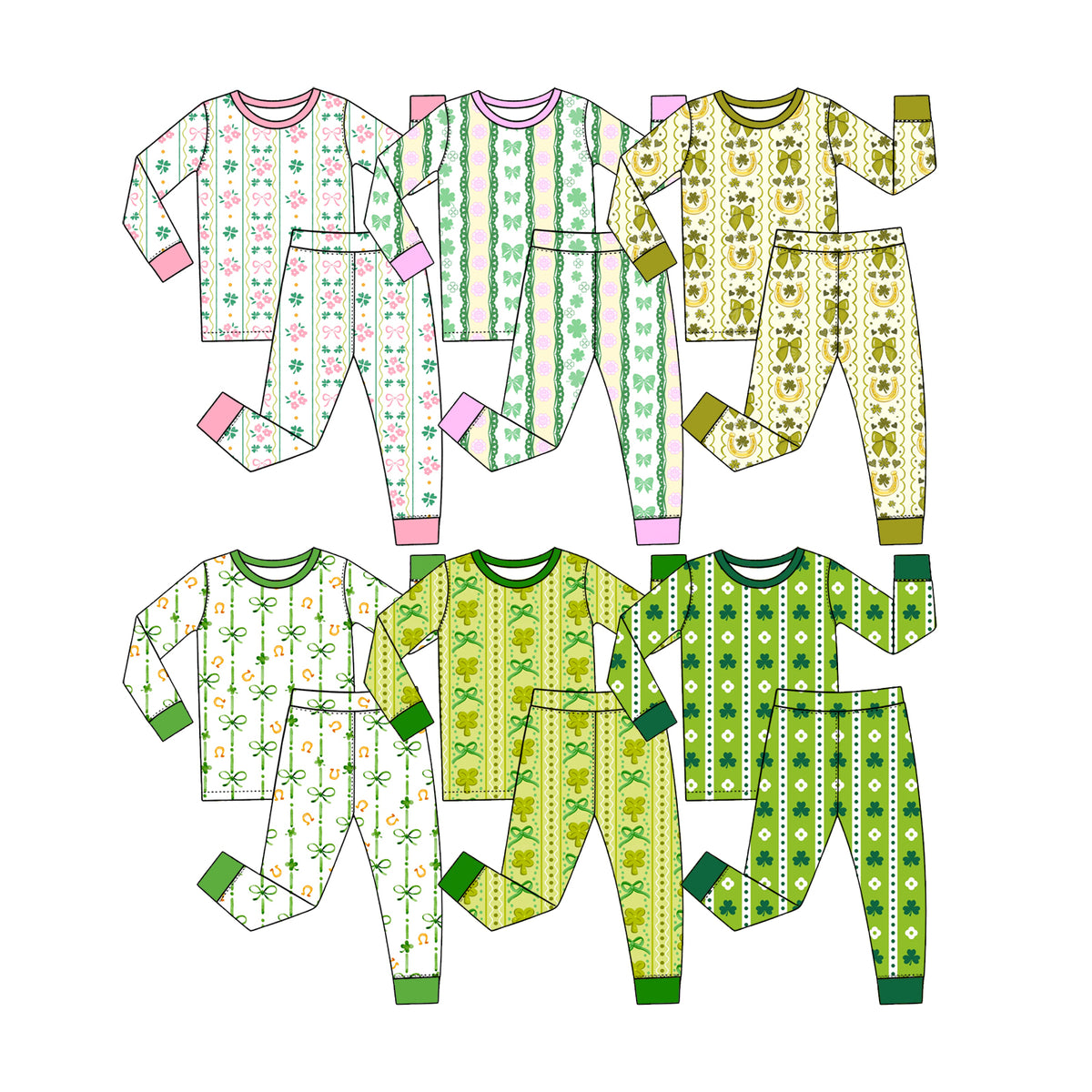 Preorder (moq 5) Baby Girl Clothes St Patricks Day Watercolor Clover Bow Stripe Print Long Sleeve Pajama Set