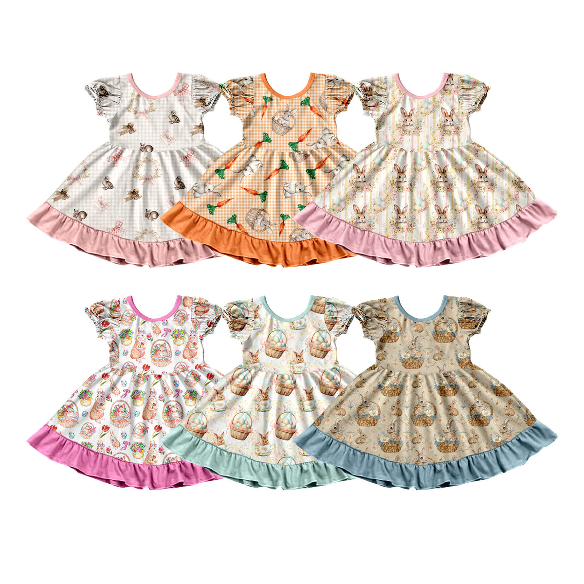 Preorder (moq 5) Baby Girl Clothes Easter Egg Basket Bunny Tea Cup Print Short Sleeve Ruffle Twirl Dress