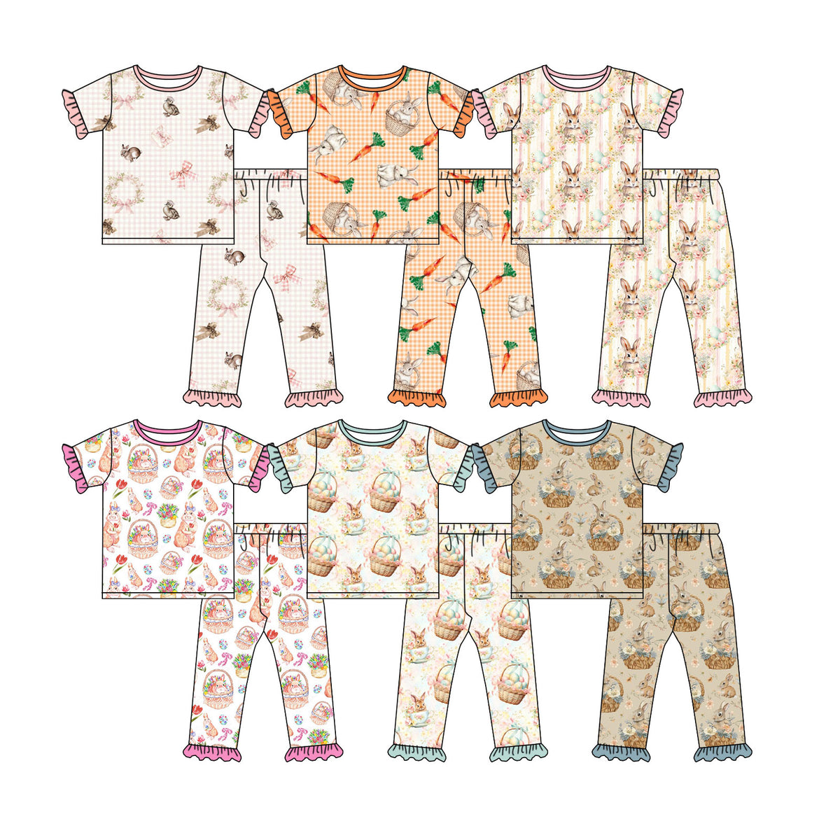 Preorder (moq 5) Baby Girl Clothes Easter Bunny Flower Basket Tulip Print Short Sleeve Ruffle Tee Ruffle Pant Set
