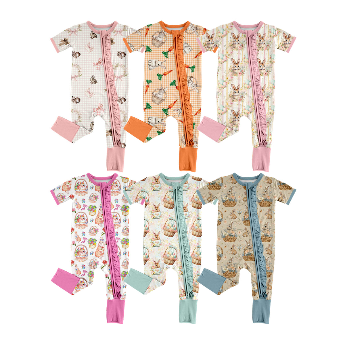 Preorder (moq 5) Baby Girl Clothes Floral Easter Bunny Stripe Egg Print Short Sleeve Zipper Ruffle Romper