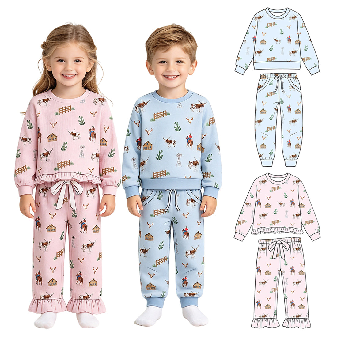 Preorder (moq 5) Baby Girl Clothes Western Cowboy Longhorn Allover Print Long Sleeve Ruffle Flare Pant Set