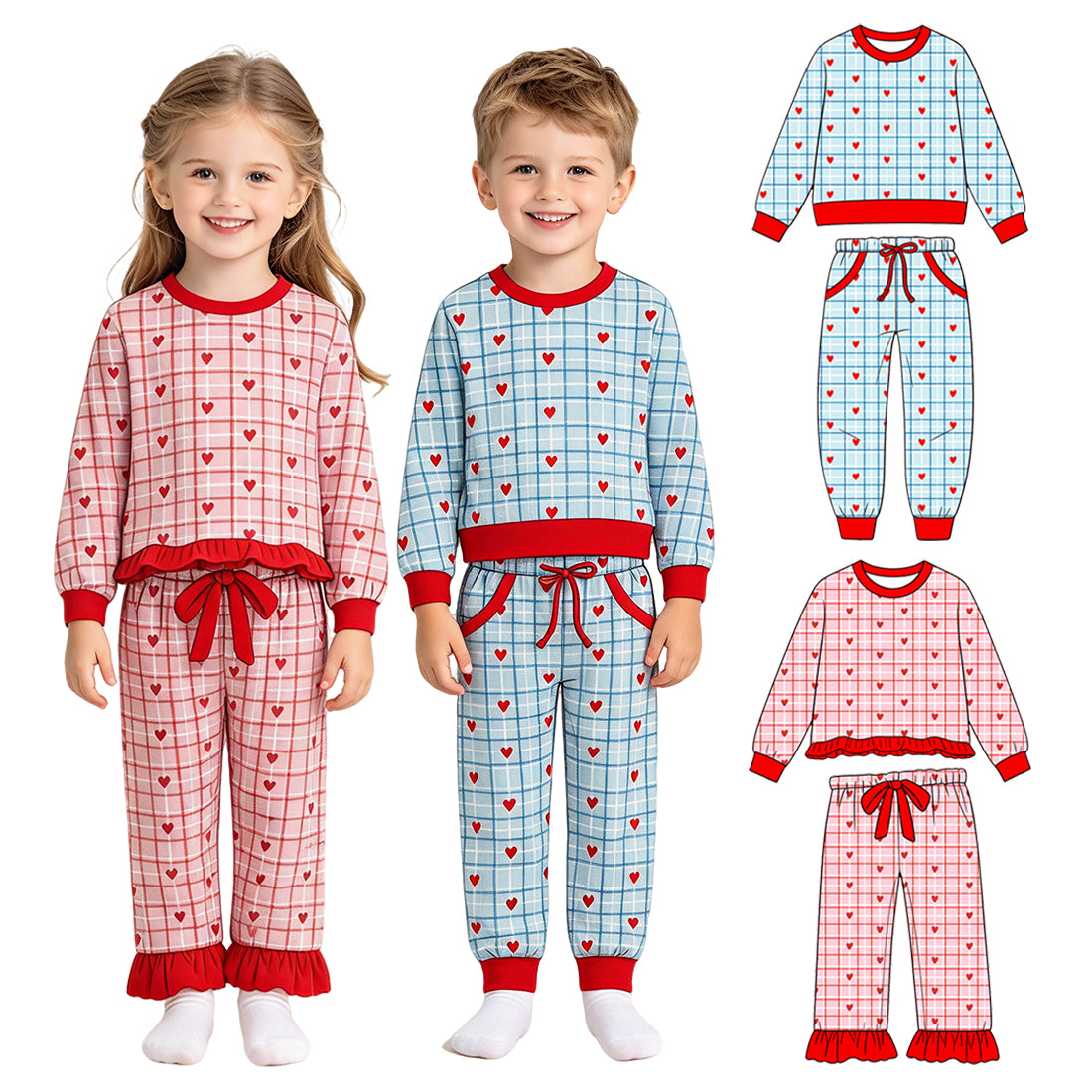 Preorder (moq 5) Baby Boy Clothes Valentine Heart Grid Allover Print Long Sleeve Jogger Pant Set
