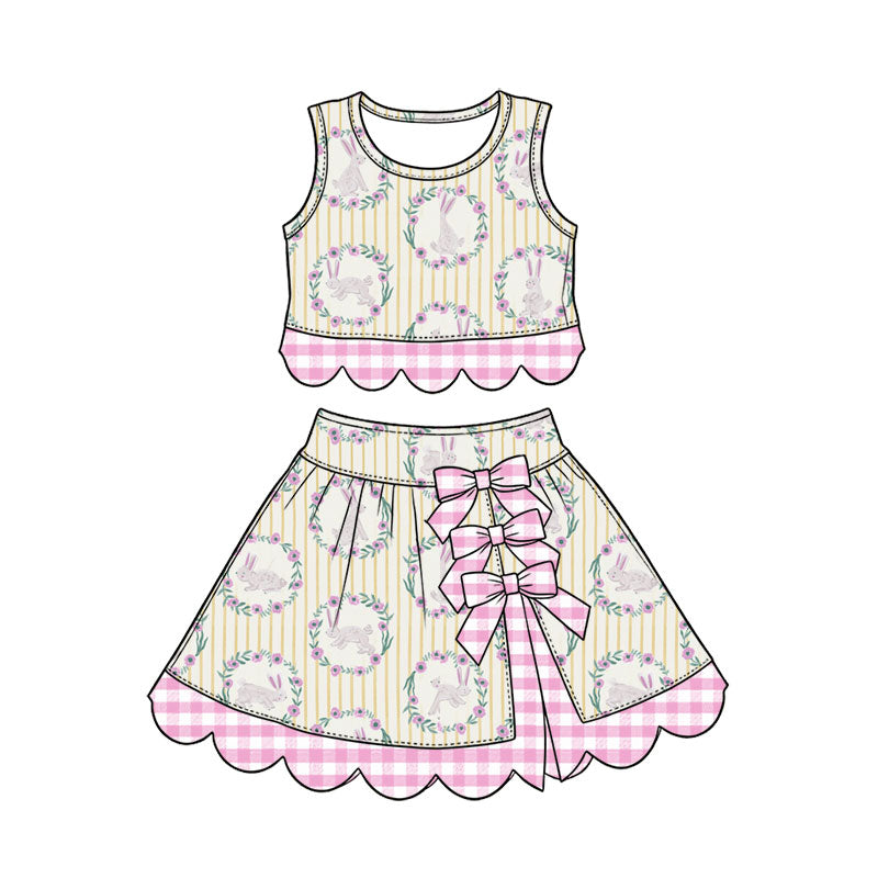 Preorder (moq 5) Baby Girl Clothes Easter Bunny Floral Wreath Stripe Print Sleeveless Top Skirt Set With Plaid Bow