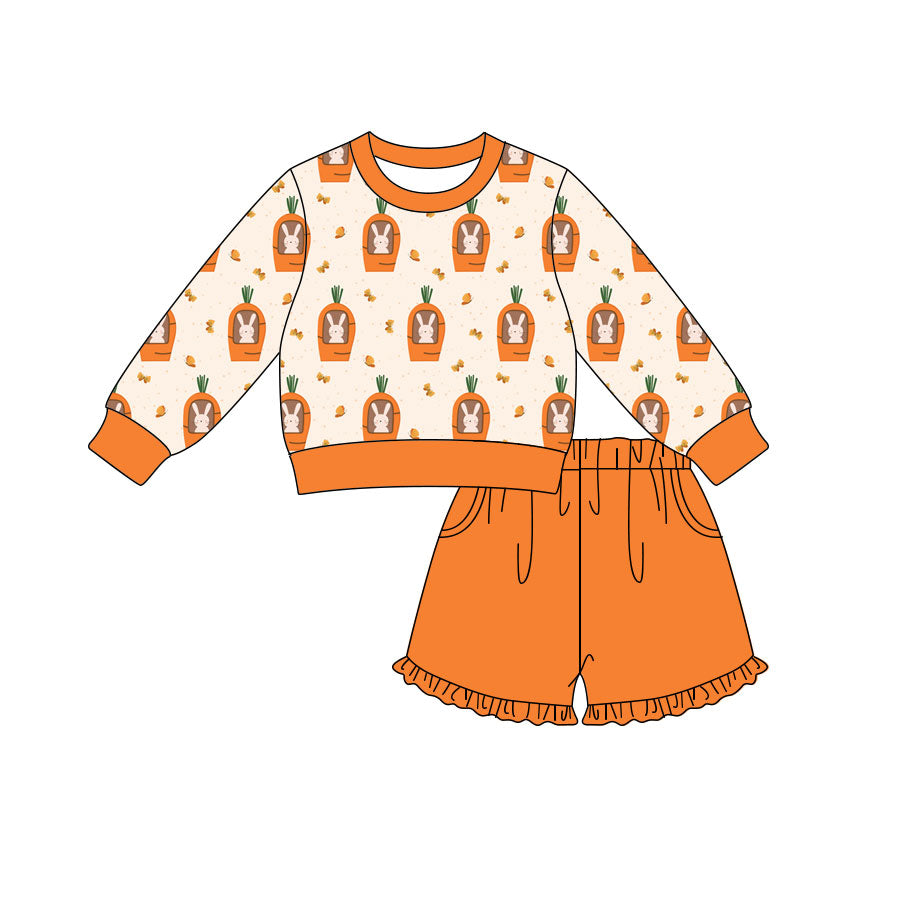 Preorder (moq 5) Baby Girl Clothes Carrot Bunny Cartoon Print Long Sleeve Top Ruffle Shorts Outfit Set