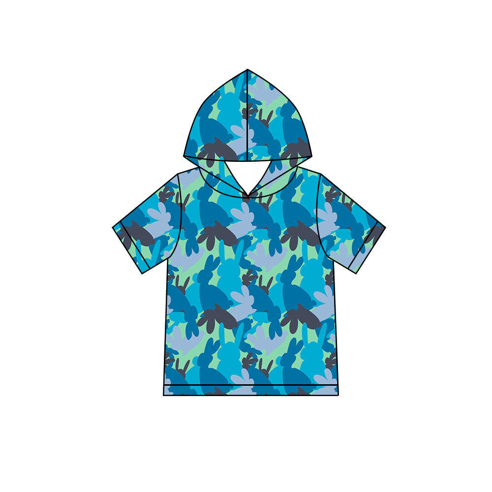 Preorder (moq 5) Baby Boy Clothes Easter Bunny Blue Camo Silhouette Print Short Sleeve Hooded Tee