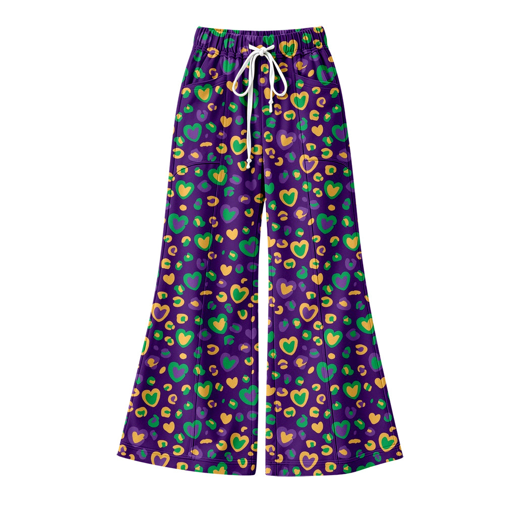 Preorder (moq 5) women Clothes Mardi Gras Leopard Heart Allover Print Flare Wide Leg Pants