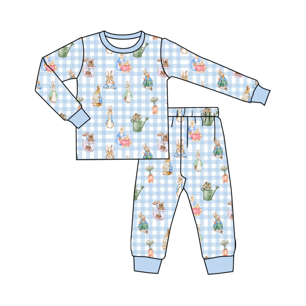 Preorder (moq 5) Baby Boy Clothes Easter Blue Gingham Rabbit Print Long Sleeve Pajama Set