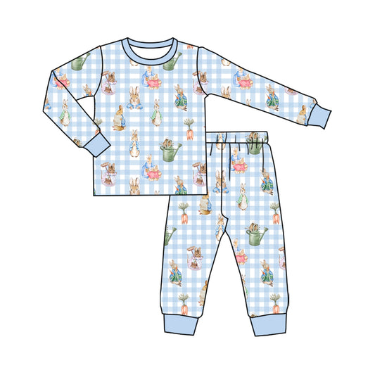 Preorder (moq 5) Baby Boy Clothes Easter Blue Gingham Rabbit Print Long Sleeve Pajama Set