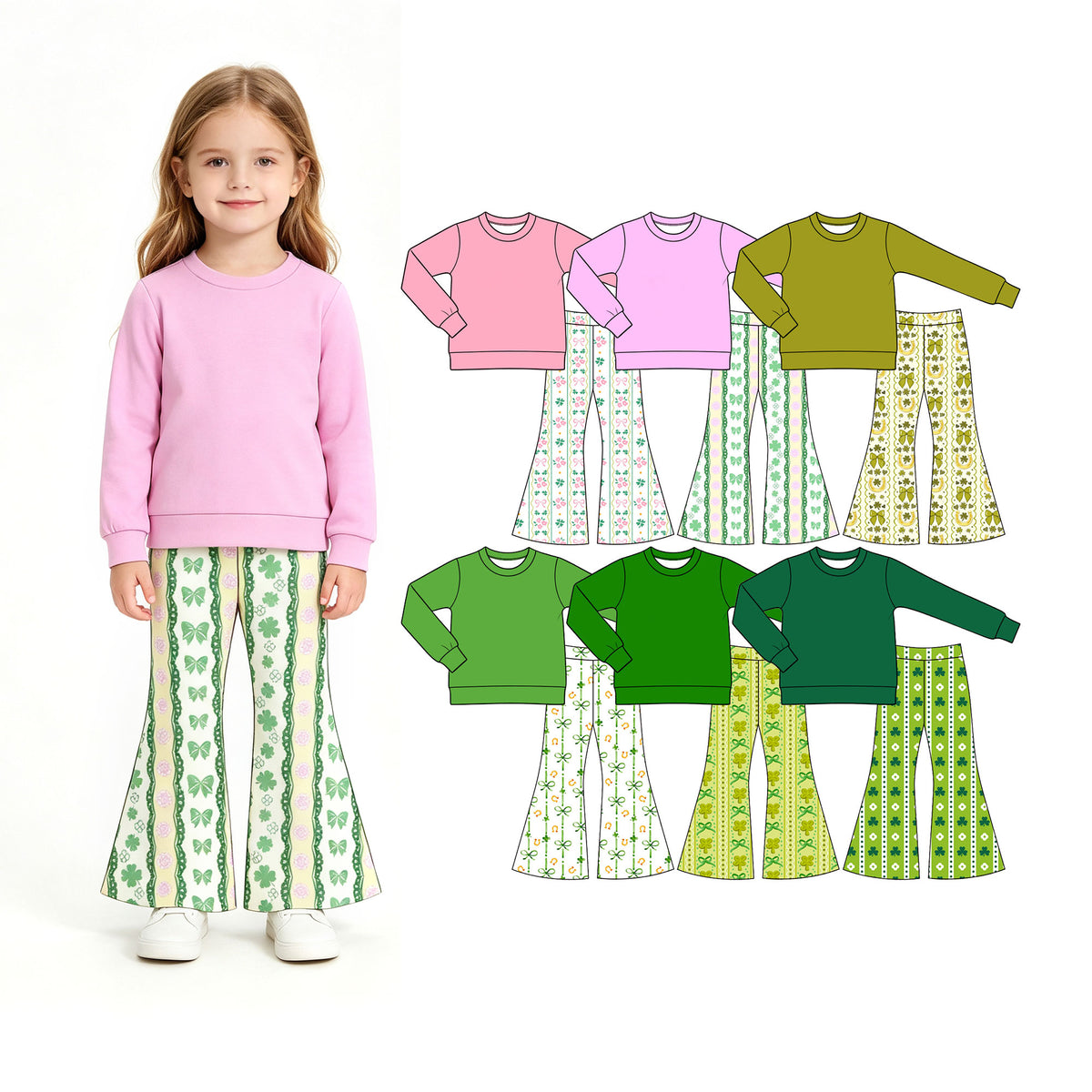 Preorder (moq 5) Baby Girl Clothes St Patricks Day Clover Bow Floral Vertical Stripe Print Long Sleeve Flare Pant Set