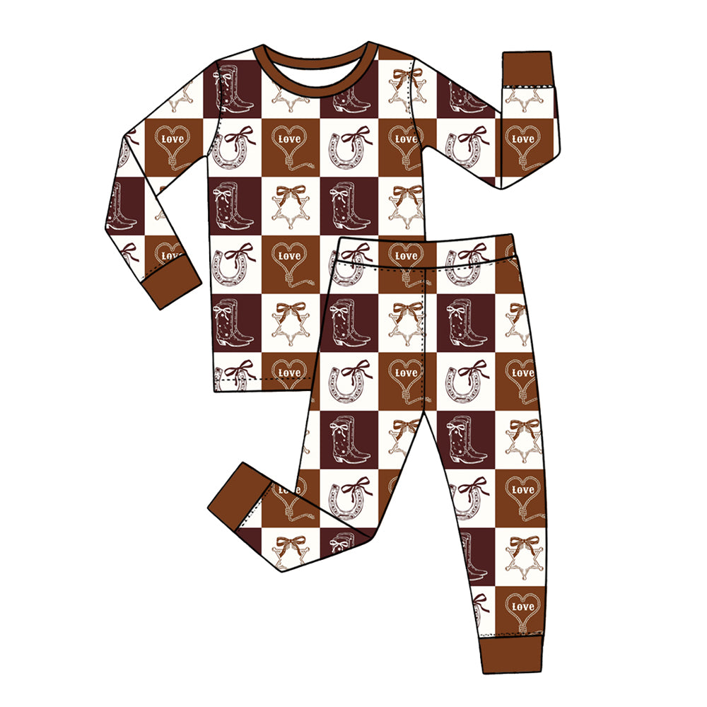 Preorder (moq 5) Baby Girl Clothes Western Cowboy Boot Horseshoe Love Check Print Long Sleeve Pajama Set