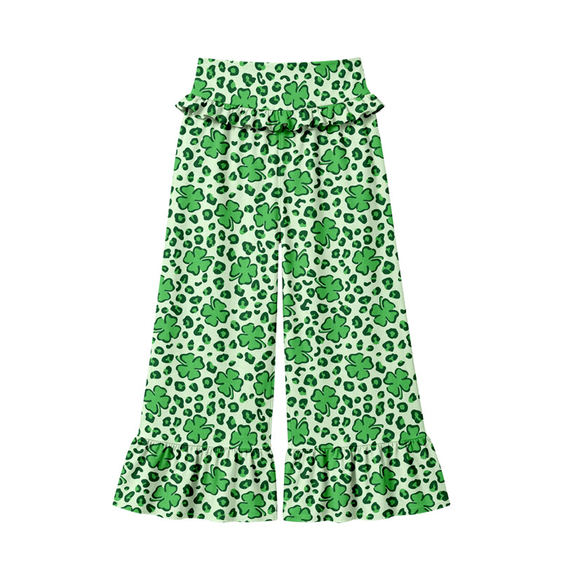 Preorder (moq 5) Women Clothes St Patricks Clover Leopard Print Ruffle High Waist Flare Pant