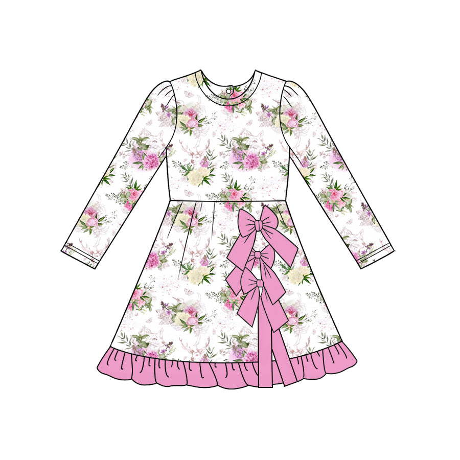 Preorder (moq 5) Baby Girl Clothes Floral Deer Antler Print Long Sleeve Big Bow Ruffle Hem Dress