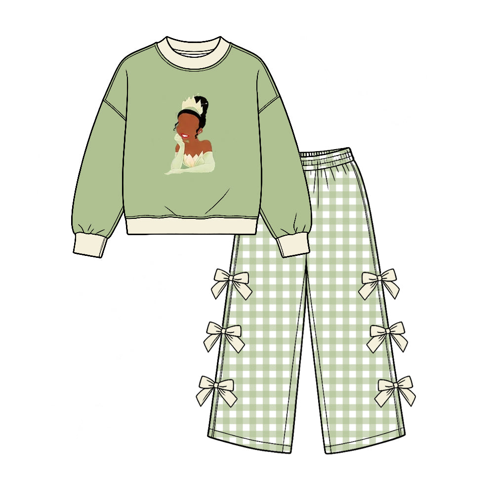 Preorder (moq 5) Baby Girl Clothes Princess Tiana Print Green Gingham Bow Decor Long Sleeve Wide Leg Pant Set
