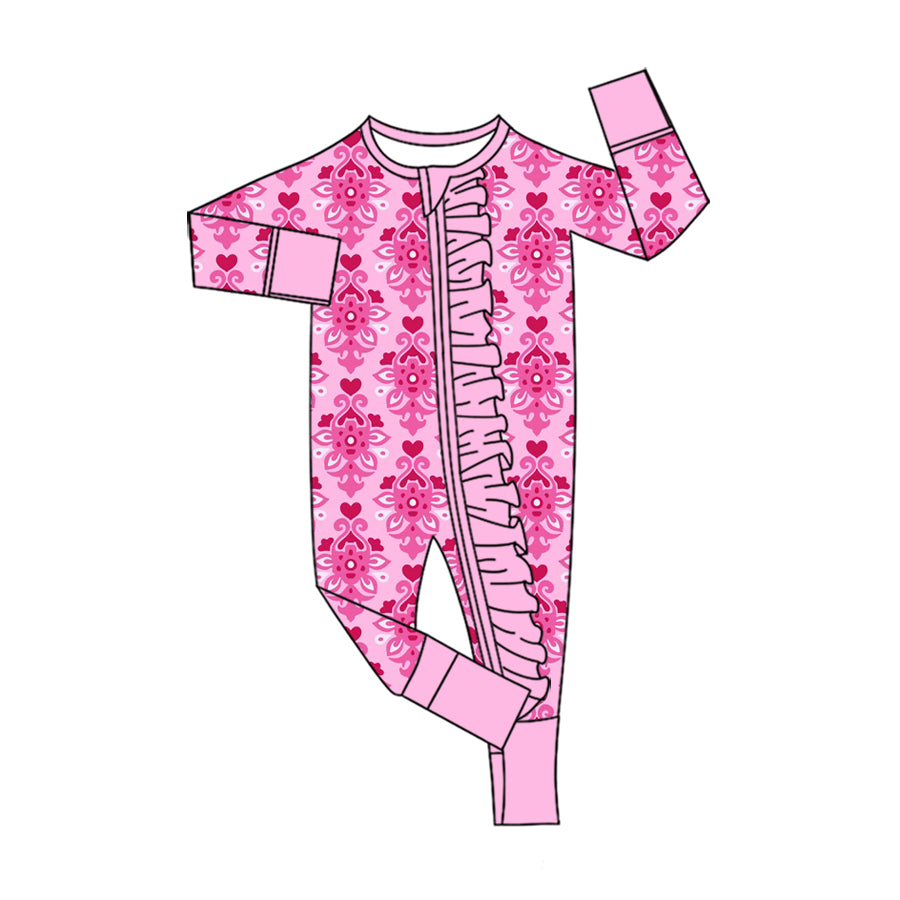 Preorder (moq 5) Baby Girl Clothes Pink Damask Heart Mixed Print Long Sleeve Ruffle Zipper Baby Romper