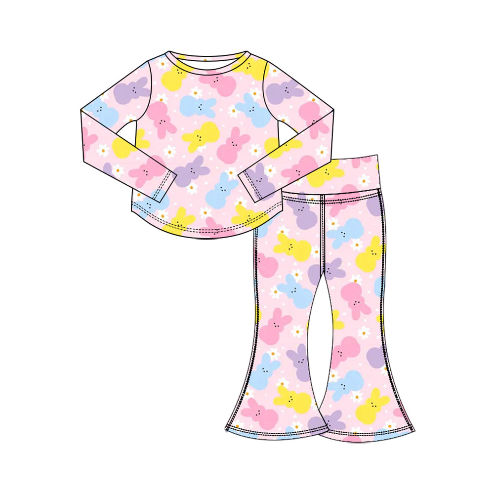 Preorder (moq 5) Baby Girl Clothes Easter Pastel Bunny Daisy Print Long Sleeve Flare Pant Set