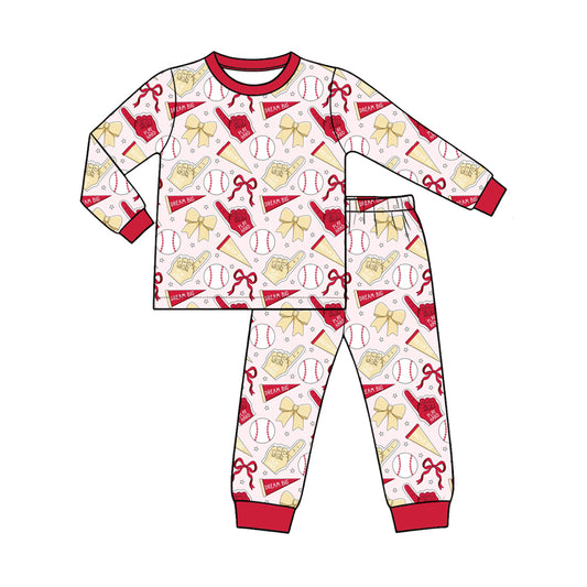 Preorder (moq 5) Baby Girl Clothes Baseball Bow Mixed Print Long Sleeve Pajama Set