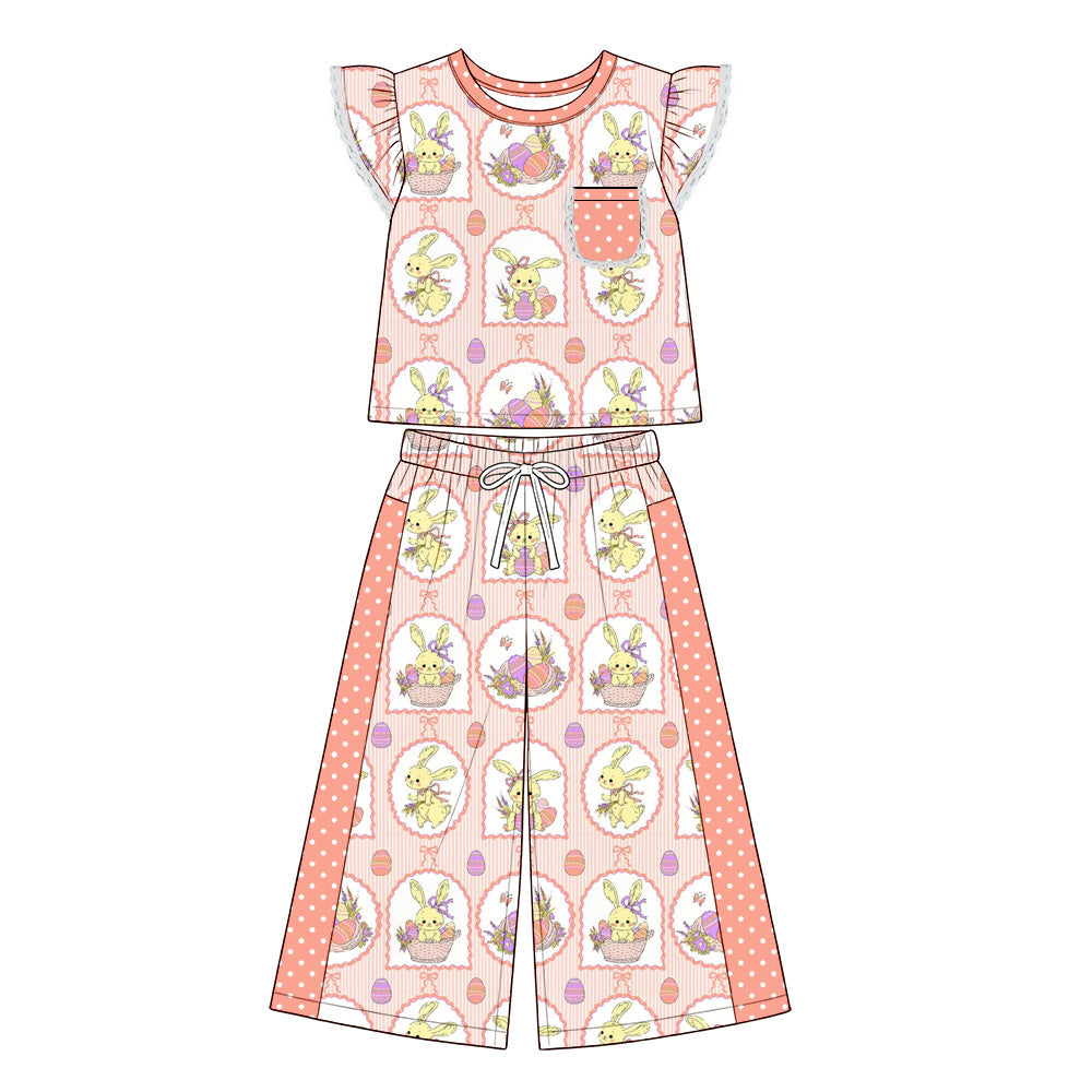 Preorder (moq 5) Baby Girl Clothes Easter Bunny Egg Basket Frame Print Short Flutter Sleeve Top Wide Leg Pants Outfit Set